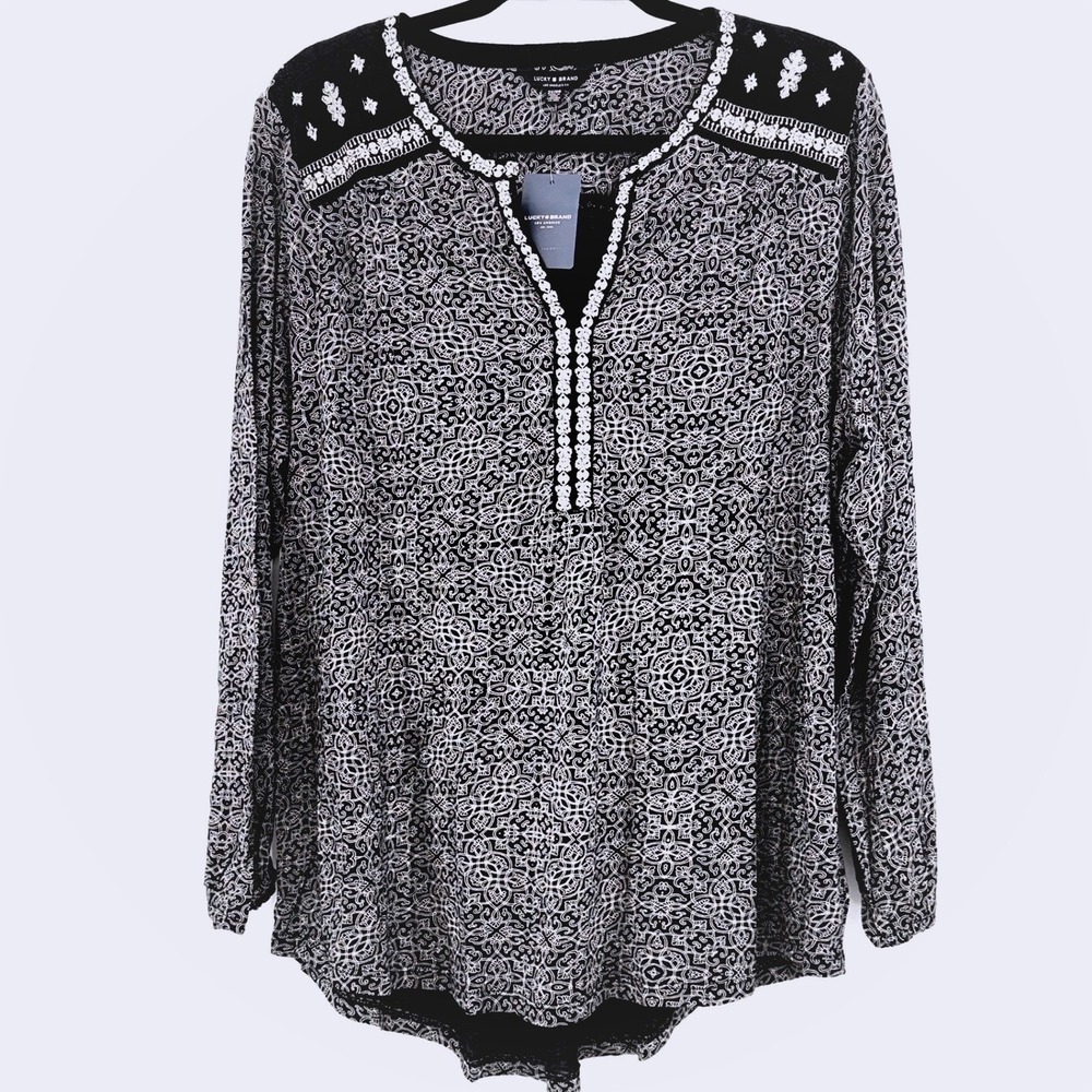 Lucky Brand NWT Plus 2X Whimsigoth Embroidered Damaskβ Peasant Tunic Black Boho
